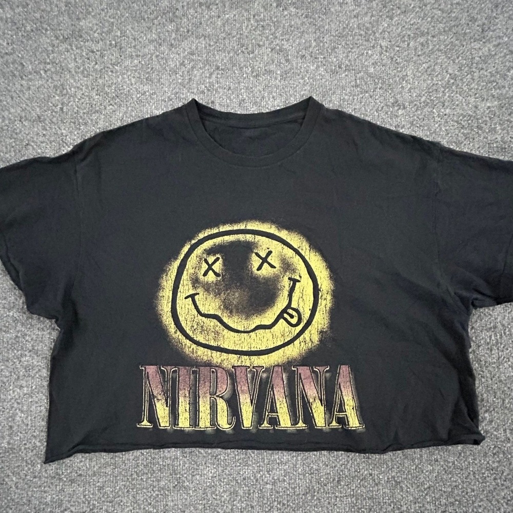 Nirvana T-Shirt Womens Size XL Black Cropped Raw Hem Face Graphic Rock Tee
